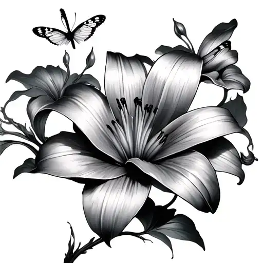 Chinese fan lilly flower with butter fly tattoo design idea
