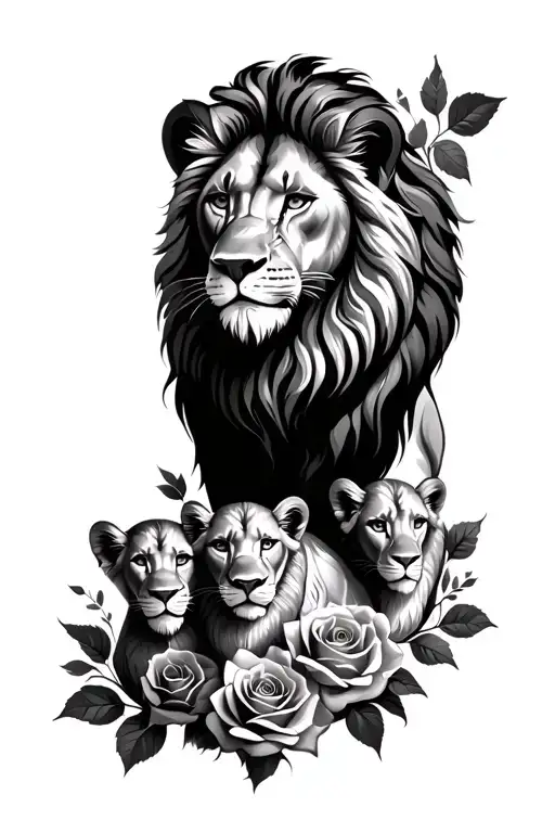 lion mother with two babys roses and leaves intertwined tattoo design idea