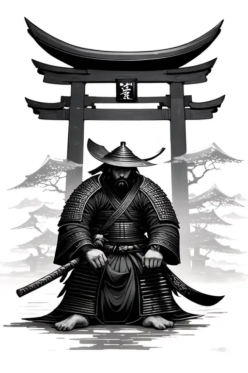 samurai resting infront of japanese gate tattoo design idea