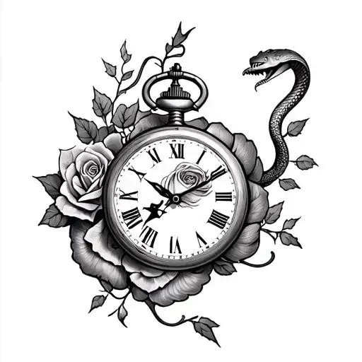 pocket watch sitting at 6 am with rose vines wrapping around arm turning into a snake with its mouth open and lightning  tattoo design idea