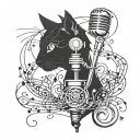 Microphone intertwined with musical notes forming a cat silhouette tattoo design idea