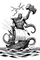 jormungandr striking at boat sailing with thor holding a hammer on that boat, lightning strikes his hammer tattoo design idea