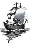 jormungandr striking at boat sailing with thor holding a hammer on that boat, lightning strikes his hammer tattoo design idea
