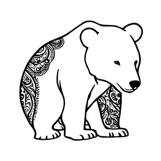 bear side outline with paisleys inside, minimalistic with a lot of white space. make paisleys more spread out. tattoo design idea