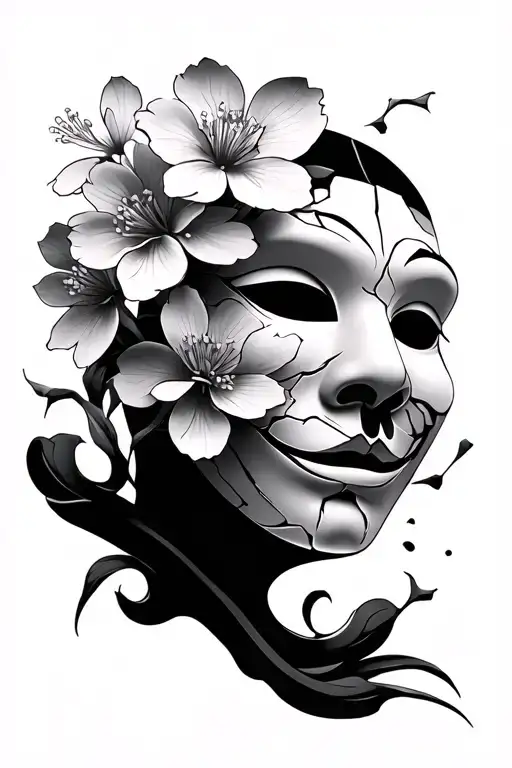 Cracked Japanese hanya Mask with sakura flowers growing tattoo design idea