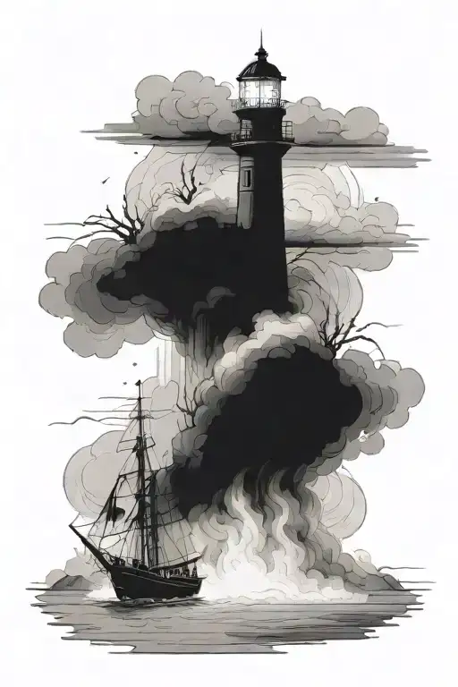 a lighthouse burning and a ship approaching through the mist tattoo design idea
