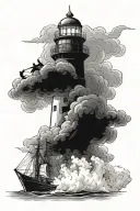 a lighthouse burning and a ship approaching through the mist tattoo design idea