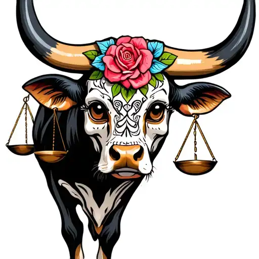feminine bull with sugar skull markings, brown eyes and two Libra scales and dark background tattoo design idea