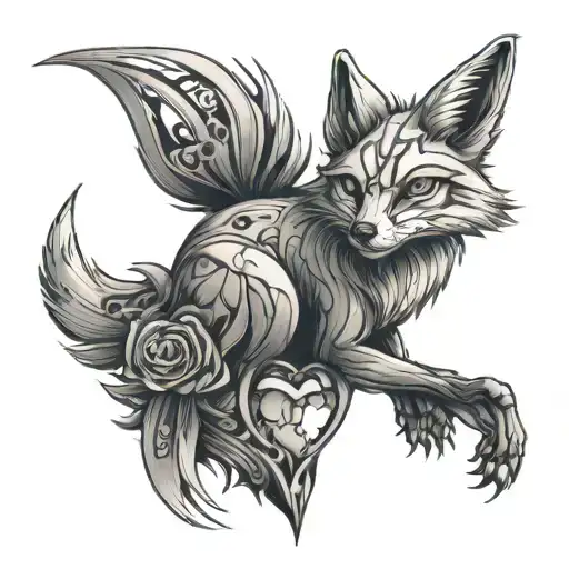 A fox in the style of biomechanics heart with road tattoo design idea