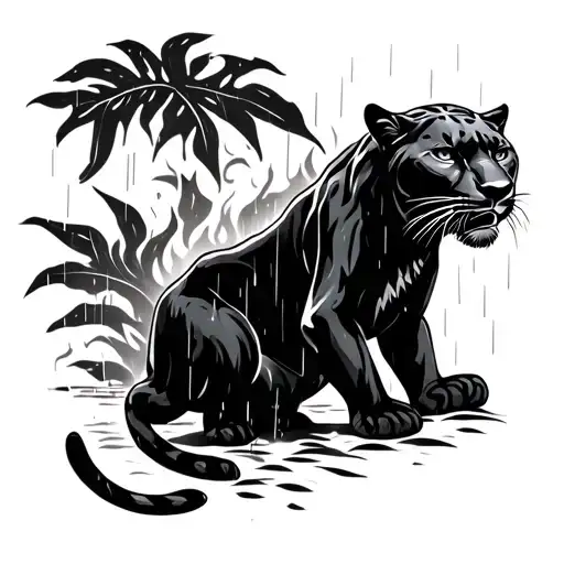 panther on fire in the raining jungle shadows  tattoo design idea