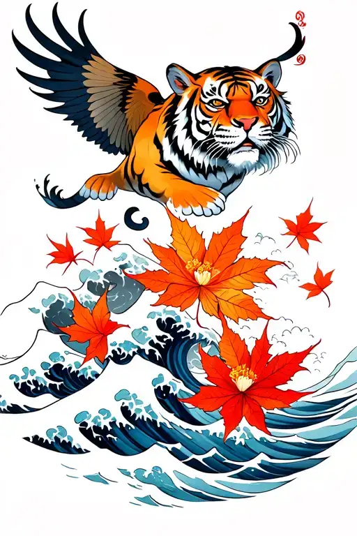 white/blue waves crashing, mythical tiger flying above, bright orange/red maple leaves falling, & an ODA flower centered tattoo design idea