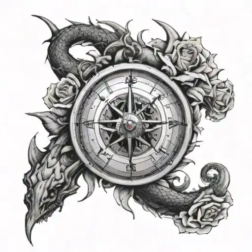 A compass with a dragon wrapped around it with roses tattoo design idea