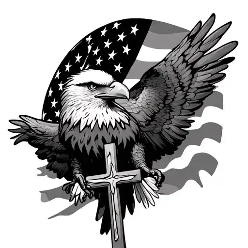 bald eagle holding cross with American flag as the background tattoo design idea