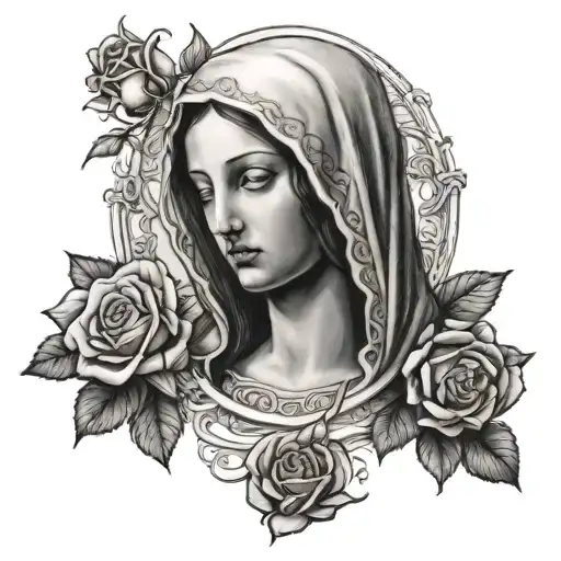 the virgin mary with 3 roses and a cross of jesus tattoo design idea