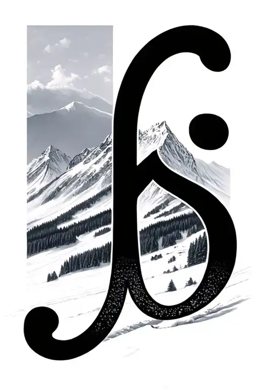 Ski mountain landscape with the letter L G clef tattoo design idea