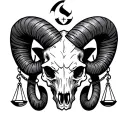 an Aries Rams skull with the Aries symbol on it with the scales of Libra with the Libra symbol on hanging off the horns tattoo design idea