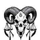 an Aries Rams skull with the Aries symbol on it with the scales of Libra with the Libra symbol on hanging off the horns tattoo design idea