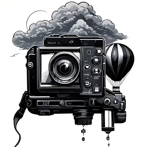 Film camera, directors cut, game control button, clouds and how air balloon tattoo design idea