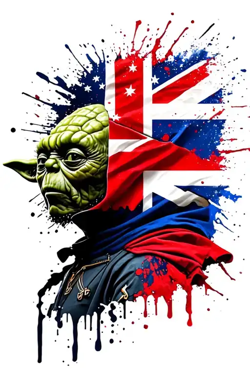 yoda draped in an australian flag, side view stoner druggie head tattoo design idea