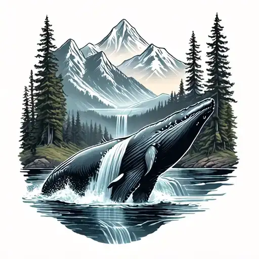 bear humpback whale mountain waterfall forest  tattoo design idea