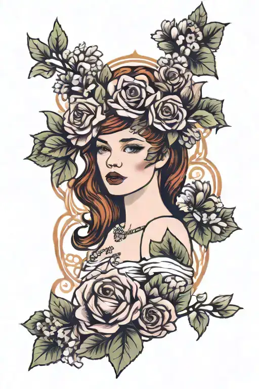 Redhead woman with rose gold crown surrounded by lilac flowers  tattoo design idea