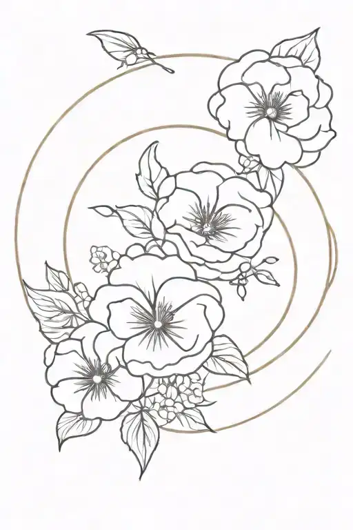 simple bouquet of rose, pansy and azalea flower outline inside circle tattoo design idea