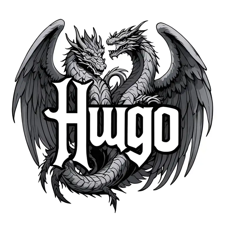 "Hugo" angel and dragon from tribal design between shoulder blades tattoo design idea