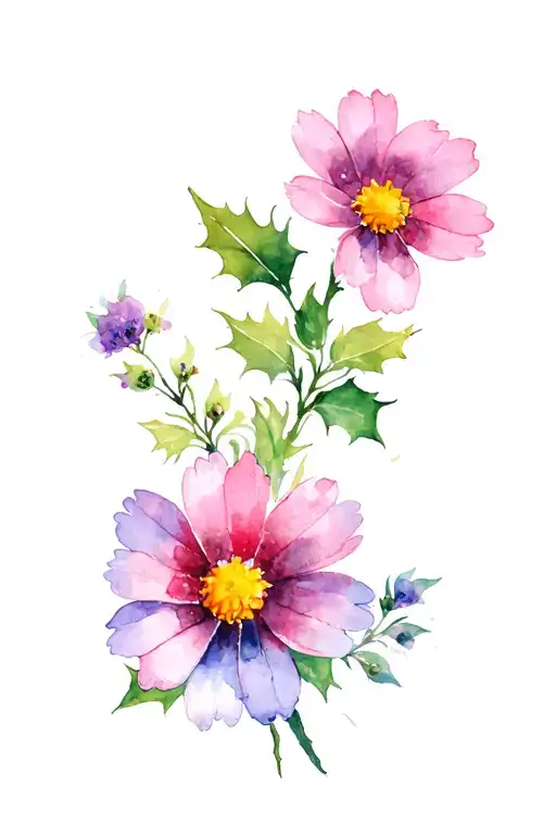 primrose, aster, Holly flower tattoo design idea