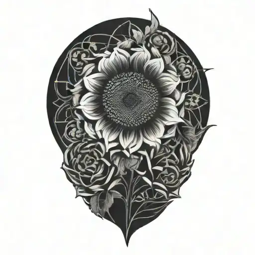 sunflower, rose, and chrysanthemum, flower intertwined tattoo design idea