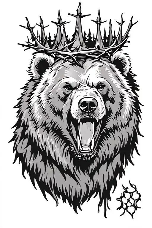 Bear with crown of thorns roaring infront of a background of trees tattoo design idea