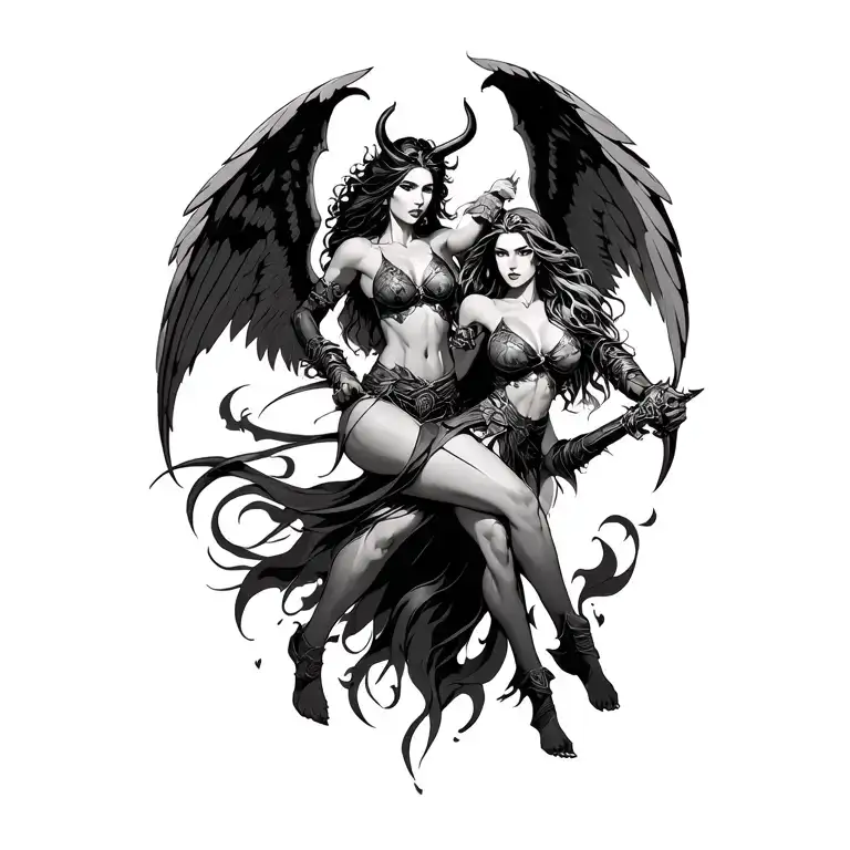 Female Demons And Angels Fighting warrior tattoo design idea