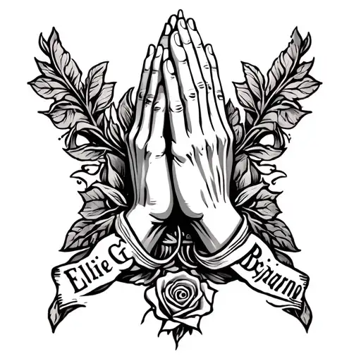 "Ellie gray Bejarano " "Ellie gray Bejarano " rose praying hands banner tattoo design idea