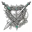 a simple drawing of a crown of thorns resting on a sword piercing a heart tattoo design idea