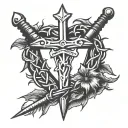 a simple drawing of a crown of thorns resting on a sword piercing a heart tattoo design idea