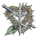 a simple drawing of a crown of thorns resting on a sword piercing a heart tattoo design idea