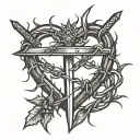 a simple drawing of a crown of thorns resting on a sword piercing a heart tattoo design idea