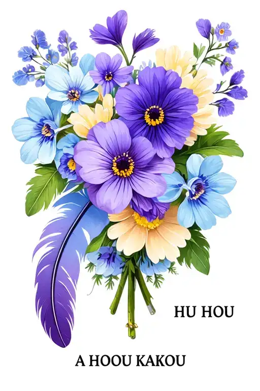 "A HUI HOU KAKOU" violets, primroses,  asters flower bouquet with light blue, lavender and cream boho feathers  tattoo design idea