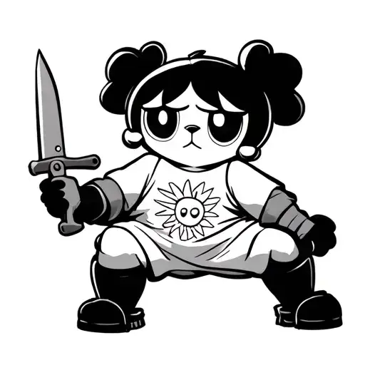 bubbles from powerpuff girls holding a knife while  and has a oversized t-shirt on with sunshine carebear on the t-shirt tattoo design idea
