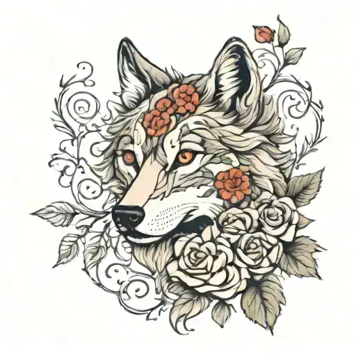 wolf head and roses and vines and the name Gülşen & Melissa tattoo design idea