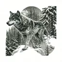 An outdoor scene of a majestic wolf leading a pack through a snowy forest, with a dragon flying overhead tattoo design idea