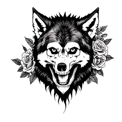 wolf wearing skull surrounded by roses tattoo design idea