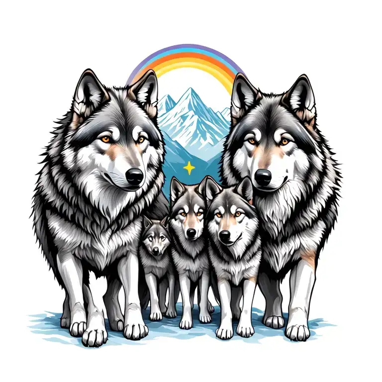wolf pack family dad mom two sons and a daughter with a small rainbow christian north star. mountains in the background tattoo design idea