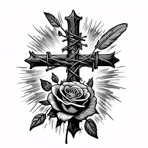 western cross,barb wire wrapped evenly, little rose on the bottom of the cross, with a feather tattoo design idea