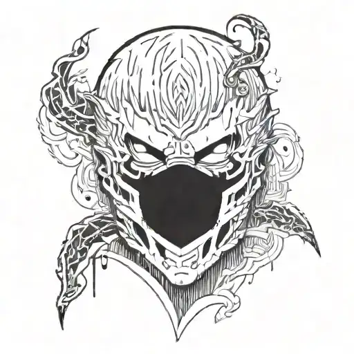 A tattoo design featuring Ken Kaneki's mask from Tokyo Ghoul, incorporating elements of blackwork style tattoo design idea
