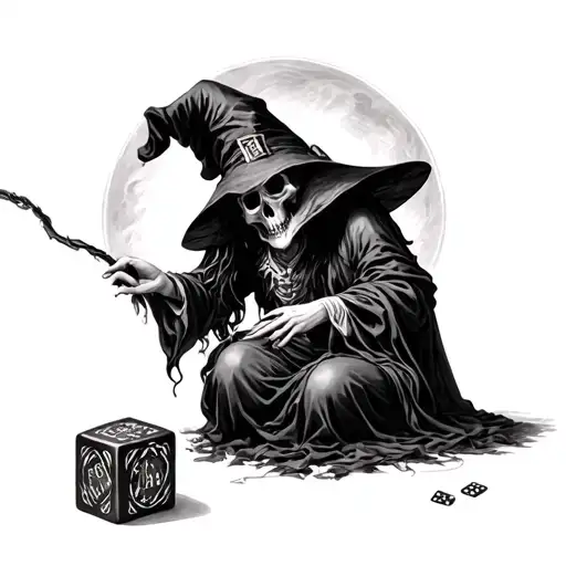 Gustave Dore witch and death playing dice rolling tattoo design idea