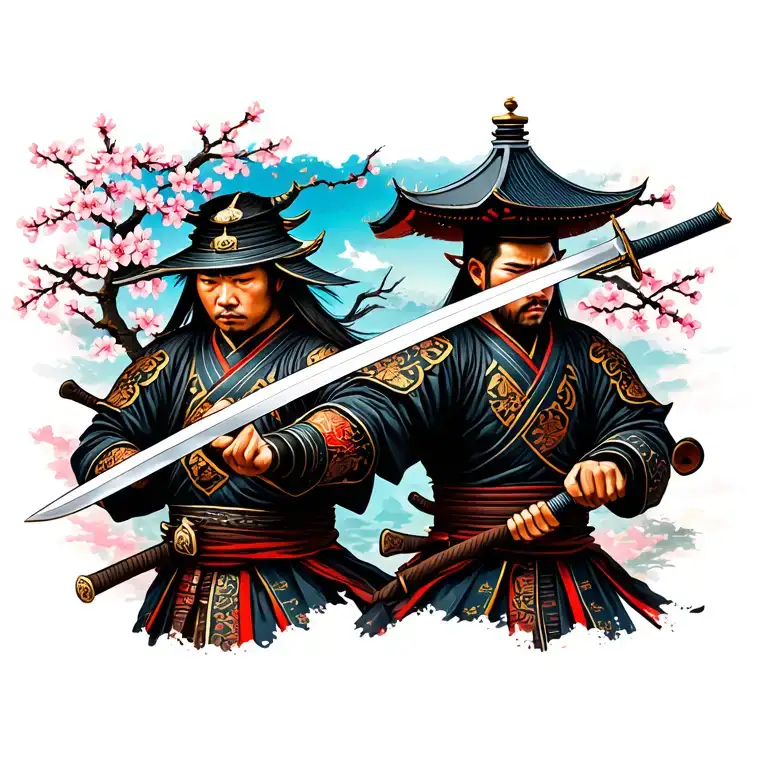 2 samurai warrior wielding a sword with cherry blossom tree and temple  tattoo design idea