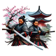 2 samurai warrior wielding a sword with cherry blossom tree and temple  tattoo design idea