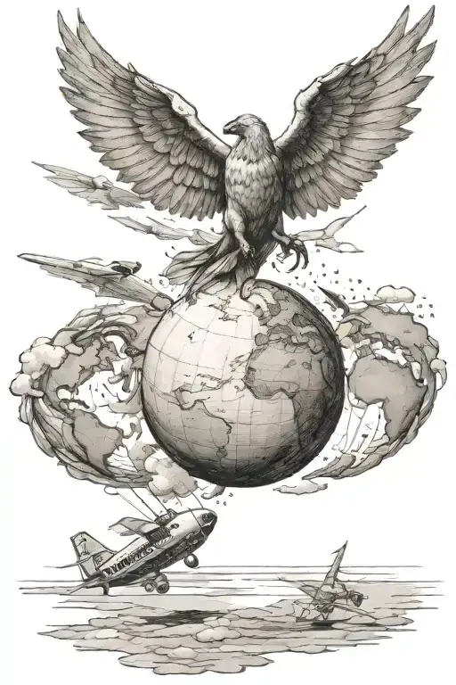 icarus falling from the sun, but instead of the sun its the earth with a plane coming out of the earth tattoo design idea