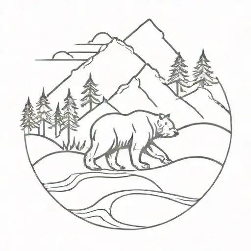 nature tattoo mountains stream trees big bear and bear cub tattoo design idea