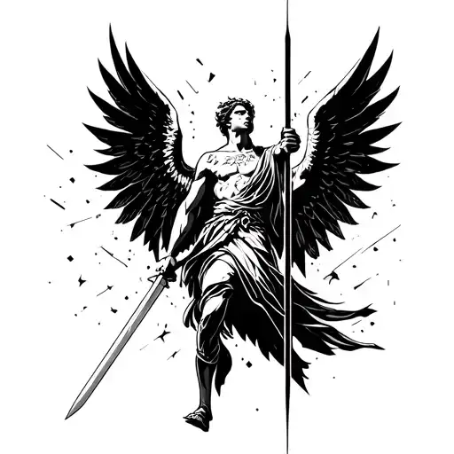 falling angel holding a sword broken wings trying to fly up tattoo design idea